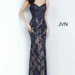 In Stock Long Sleeve Dresses Jovani JVN 02013 Long Size 14 Orange/Red Fitted Lace Prom Dress Evening Gown