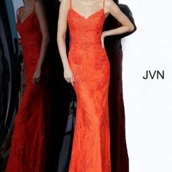 In Stock Long Sleeve Dresses Jovani JVN 02013 Long Size 14 Orange/Red Fitted Lace Prom Dress Evening Gown