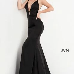 Discontinued Jovani JVN02044 Long Fitted Satin Prom Dress Evening Formal Wear Open Back Long Sleeve Dresses