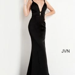 Discontinued Jovani JVN02044 Long Fitted Satin Prom Dress Evening Formal Wear Open Back Long Sleeve Dresses