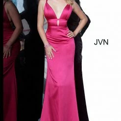 Discontinued Jovani JVN02044 Long Fitted Satin Prom Dress Evening Formal Wear Open Back Long Sleeve Dresses