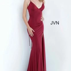 Discontinued Corset Dresses Jovani JVN02071 High Slit V Neckline Fitted Prom Dress Evening Gown Backless Corset