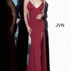 Discontinued Corset Dresses Jovani JVN02071 High Slit V Neckline Fitted Prom Dress Evening Gown Backless Corset
