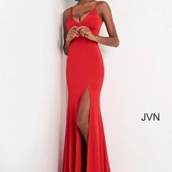 Discontinued Corset Dresses Jovani JVN02071 High Slit V Neckline Fitted Prom Dress Evening Gown Backless Corset