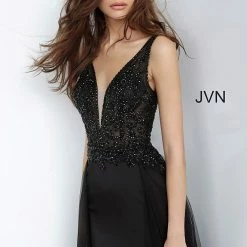 JVN By Jovani Jovani JVN02253 Long Fitted Sheer Embellished Prom Dress V Neck Tulle Overskirt