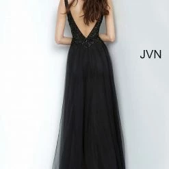 JVN By Jovani Jovani JVN02253 Long Fitted Sheer Embellished Prom Dress V Neck Tulle Overskirt