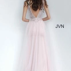 JVN By Jovani Jovani JVN02253 Long Fitted Sheer Embellished Prom Dress V Neck Tulle Overskirt