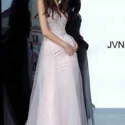 JVN By Jovani Jovani JVN02253 Long Fitted Sheer Embellished Prom Dress V Neck Tulle Overskirt