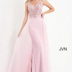 JVN By Jovani Jovani JVN02253 Long Fitted Sheer Embellished Prom Dress V Neck Tulle Overskirt