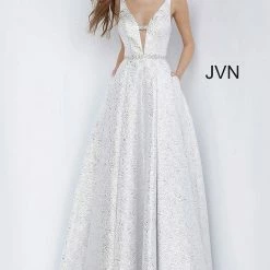In Stock Ballgown Dresses Jovani JVN02263 Size 6 Metallic Shimmer Ballgown Prom Dress Open Back Pockets