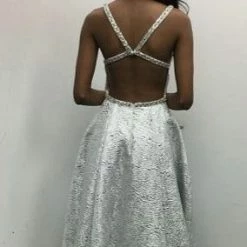 In Stock Ballgown Dresses Jovani JVN02263 Size 6 Metallic Shimmer Ballgown Prom Dress Open Back Pockets