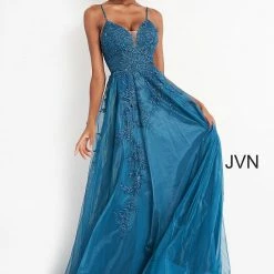 JVN By Jovani Jovani JVN02266 Floral Embroidered A Line Prom Dress Evening Gown Plunging V Neckline