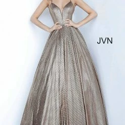 Discontinued Ballgown Dresses JVN02317 Metallic Ballgown Prom Dress Plunging V Neckline Iridescent Evening Gown
