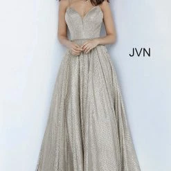 Discontinued Ballgown Dresses JVN02317 Metallic Ballgown Prom Dress Plunging V Neckline Iridescent Evening Gown