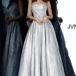 Discontinued Ballgown Dresses Jovani JVN02323 Long Silver A Line Ballgown Prom Dress Strapless Embellished