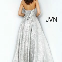 Discontinued Ballgown Dresses Jovani JVN02323 Long Silver A Line Ballgown Prom Dress Strapless Embellished