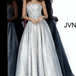 Discontinued Ballgown Dresses Jovani JVN02323 Long Silver A Line Ballgown Prom Dress Strapless Embellished