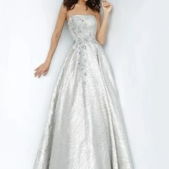 Discontinued Ballgown Dresses Jovani JVN02323 Long Silver A Line Ballgown Prom Dress Strapless Embellished
