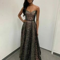 Discontinued Jovani JVN02324 Long A Line Metallic Lace Strapless Prom Dress Corset Ballgown Ballgown Dresses