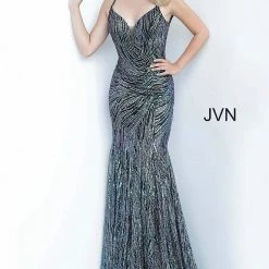Discontinued Long Sleeve Dresses Jovani JVN02432 Long Mermaid Sequin Glitter Prom Dress Pageant Down V Neck