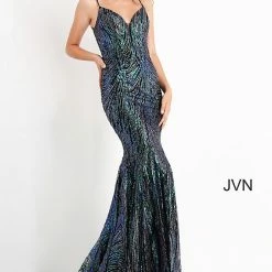 Discontinued Long Sleeve Dresses Jovani JVN02432 Long Mermaid Sequin Glitter Prom Dress Pageant Down V Neck