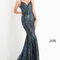 Discontinued Long Sleeve Dresses Jovani JVN02432 Long Mermaid Sequin Glitter Prom Dress Pageant Down V Neck