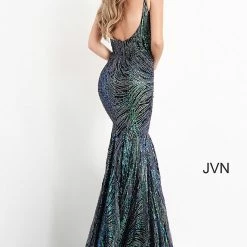 Discontinued Long Sleeve Dresses Jovani JVN02432 Long Mermaid Sequin Glitter Prom Dress Pageant Down V Neck