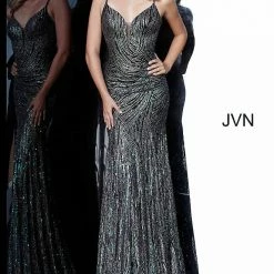 Discontinued Long Sleeve Dresses Jovani JVN02432 Long Mermaid Sequin Glitter Prom Dress Pageant Down V Neck