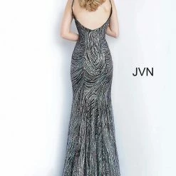 Discontinued Long Sleeve Dresses Jovani JVN02432 Long Mermaid Sequin Glitter Prom Dress Pageant Down V Neck