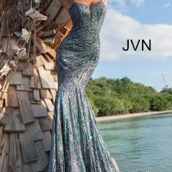 Discontinued Jovani JVN02432 Long Iridescent Shimmer Prom Dress Fitted Mermaid Sequin Long Sleeve Dresses