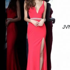 In Stock Jovani JVN02712 Size 6 Royal Long Low V Neck Fitted Prom Dress Embellished Belt Slit