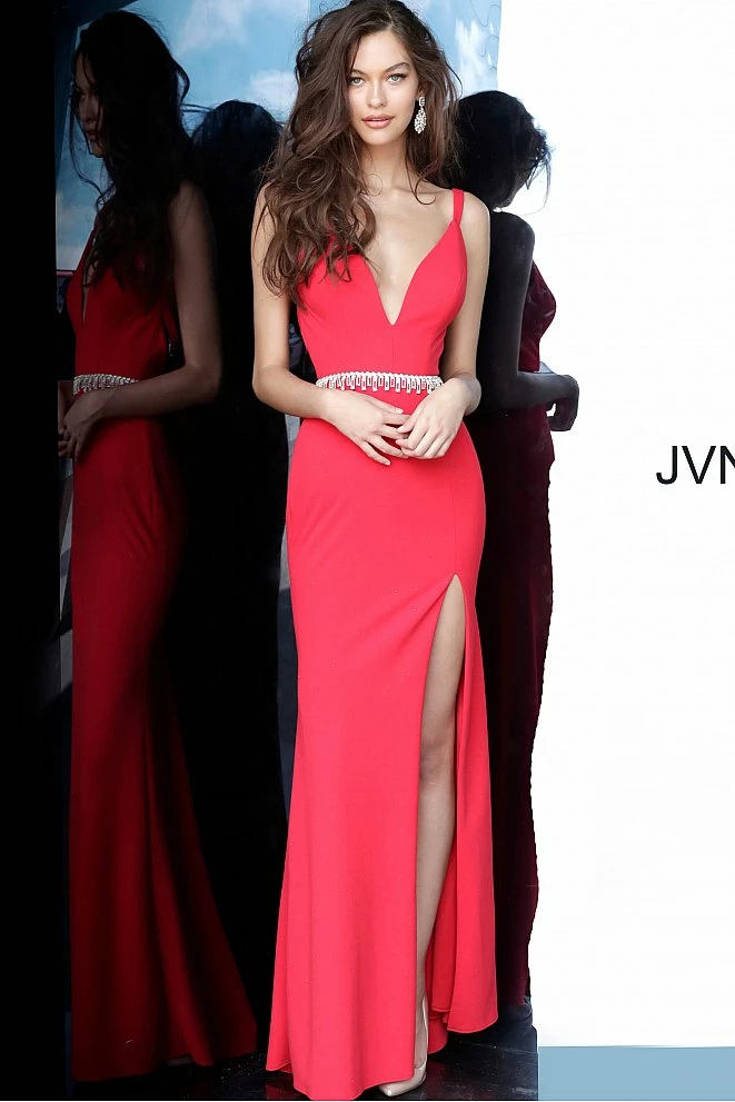 In Stock Jovani JVN02712 Size 6 Royal Long Low V Neck Fitted Prom Dress Embellished Belt Slit 4 In Stock Jovani JVN02712 Size 6 Royal Long Low V Neck Fitted Prom Dress Embellished Belt Slit