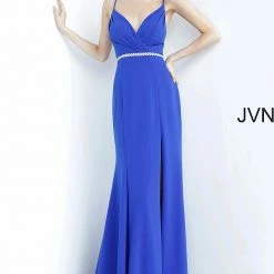 Discontinued Jovani JVN02713 Long Crepe Embellished Belt Prom Dress V Neck Slit Train Fit Flare