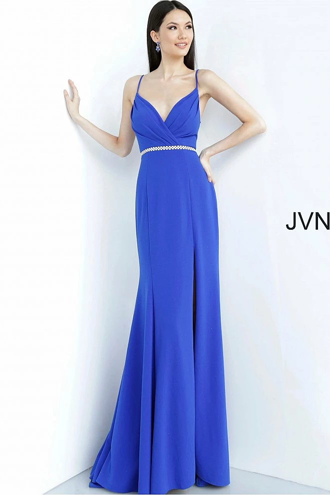 Discontinued Jovani JVN02713 Long Crepe Embellished Belt Prom Dress V Neck Slit Train Fit Flare 3 Discontinued Jovani JVN02713 Long Crepe Embellished Belt Prom Dress V Neck Slit Train Fit Flare