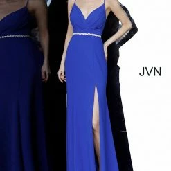 Discontinued Jovani JVN02713 Long Crepe Embellished Belt Prom Dress V Neck Slit Train Fit Flare