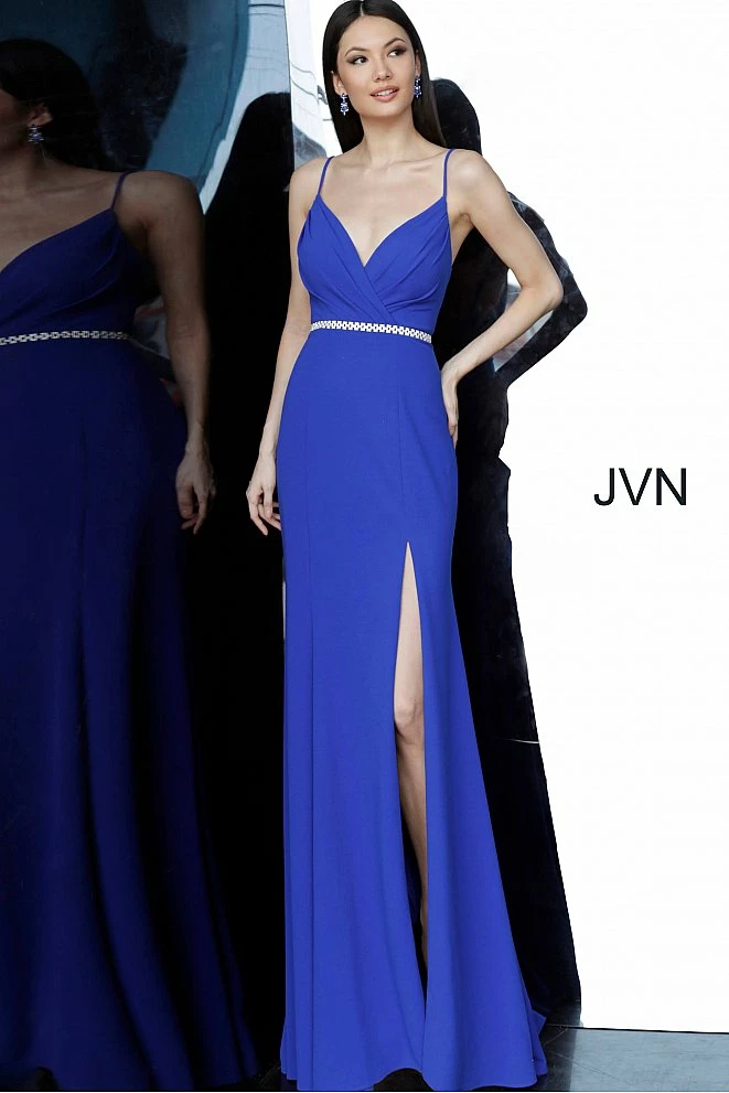 Discontinued Jovani JVN02713 Long Crepe Embellished Belt Prom Dress V Neck Slit Train Fit Flare 4 Discontinued Jovani JVN02713 Long Crepe Embellished Belt Prom Dress V Neck Slit Train Fit Flare