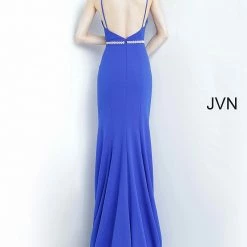Discontinued Jovani JVN02713 Long Crepe Embellished Belt Prom Dress V Neck Slit Train Fit Flare