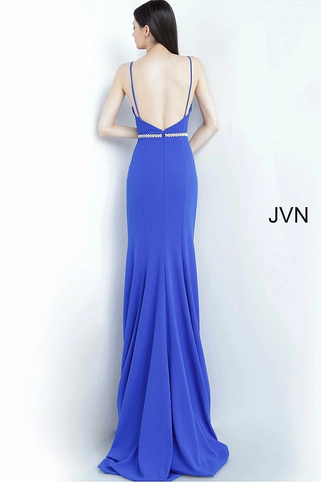 Discontinued Jovani JVN02713 Long Crepe Embellished Belt Prom Dress V Neck Slit Train Fit Flare 5 Discontinued Jovani JVN02713 Long Crepe Embellished Belt Prom Dress V Neck Slit Train Fit Flare