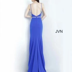 In Stock Jovani JVN02712 Size 6 Royal Long Low V Neck Fitted Prom Dress Embellished Belt Slit