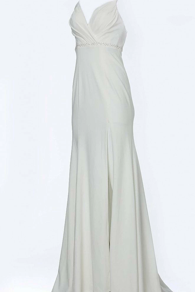 Discontinued Jovani JVN02713 Long Crepe Embellished Belt Prom Dress V Neck Slit Train Fit Flare 8 Discontinued Jovani JVN02713 Long Crepe Embellished Belt Prom Dress V Neck Slit Train Fit Flare