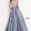 JVN By Jovani JVN03038 Sheer Lace V Neckline Bodice Shimmer Iridescent Prom Dress Ball Gown