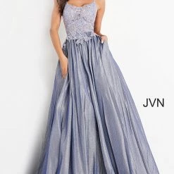 In Stock JVN03038 Red Prom Dress Sheer Lace Bodice Shimmer Iridescent Ball Gown Size 4 Ballgown Dresses