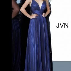 Discontinued Jovani JVN03061 Long Iridescent Pleated Prom Dress Shimmer V Neck Evening Gown