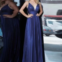 In Stock Ballgown Dresses Jovani JVN 03061 Size 6 Long Iridescent Pleated Prom Dress Navy Shimmer V Neck