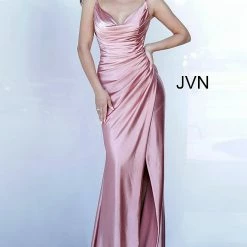 JVN By Jovani Jovani JVN03104 Long Fitted Ruched Satin Prom Dress Evening Gown Cowl Neck Gown