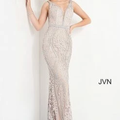 JVN By Jovani Jovani JVN03112 Long Fitted Embellished Lace Prom Dress Pageant Gown V Neck