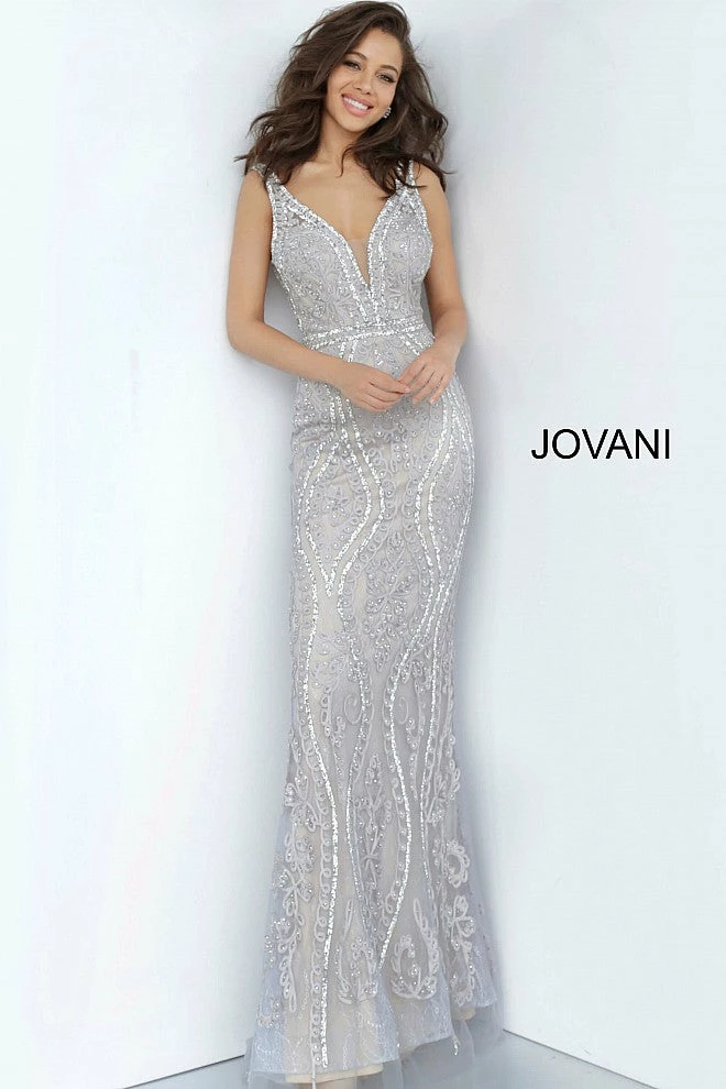 JVN By Jovani Jovani JVN03112 Long Fitted Embellished Lace Prom Dress Pageant Gown V Neck 4 JVN By Jovani Jovani JVN03112 Long Fitted Embellished Lace Prom Dress Pageant Gown V Neck