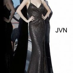 Discontinued Jovani JVN03172 Ruched Sequin V Neck Tie Back Prom Dress Evening Gown Corset Dresses
