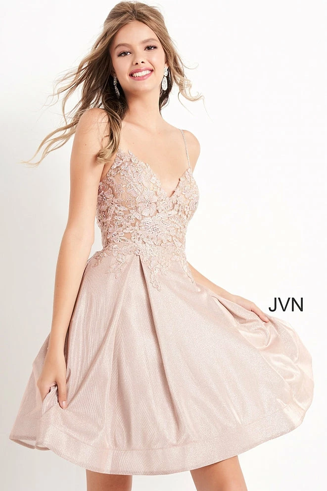 JVN By Jovani Jovani JVN04010 Short Fit And Flare Shimmer Cocktail Dress Homecoming Dress Sheer 4 JVN By Jovani Jovani JVN04010 Short Fit And Flare Shimmer Cocktail Dress Homecoming Dress Sheer