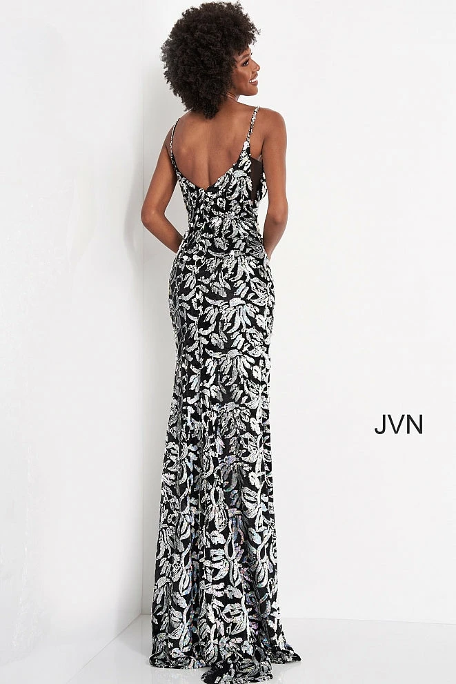 In Stock Jovani JVN 04072 Size 10 Long Fitted Black Sequin Velvet Prom Dress Slit Sheer Panel V Neck 4 In Stock Jovani JVN 04072 Size 10 Long Fitted Black Sequin Velvet Prom Dress Slit Sheer Panel V Neck